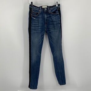 McGuire skinny jeans black satin tuxedo stripe ankle length distressed women 24